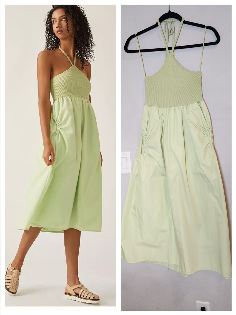 Anthropologie Lalavon Twofer Midi Dress Lime Green Halter Pocket Mixed Media XS